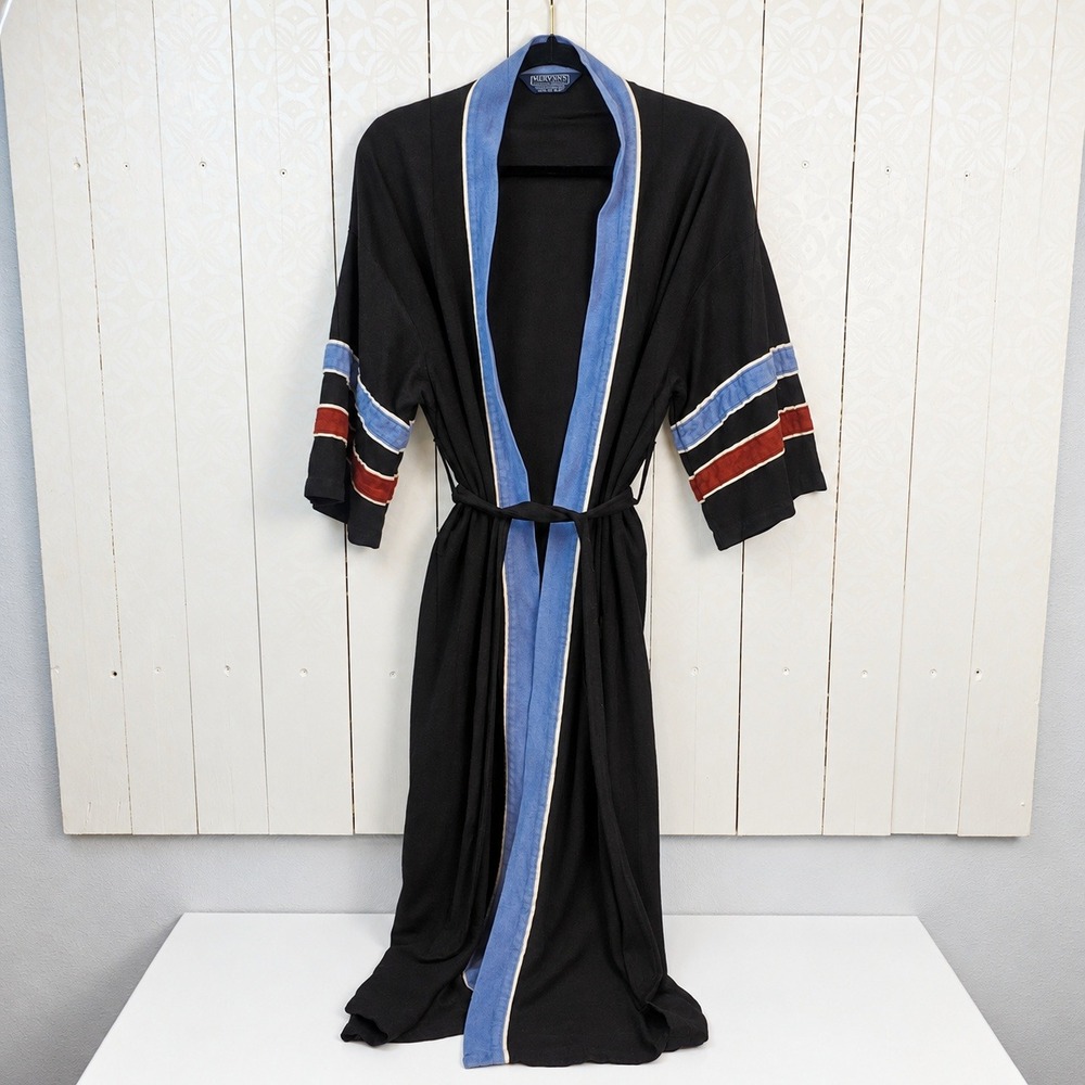 Mervyn's Robe Mens One Size Black Vintage Striped Velour Loungewear USA Made